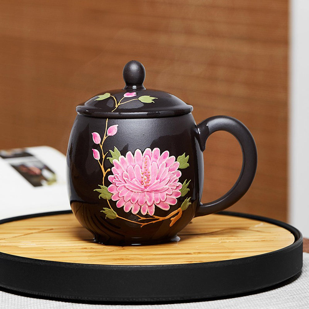 Purple Clay Teacup Color Changing Peony Lidded Cup