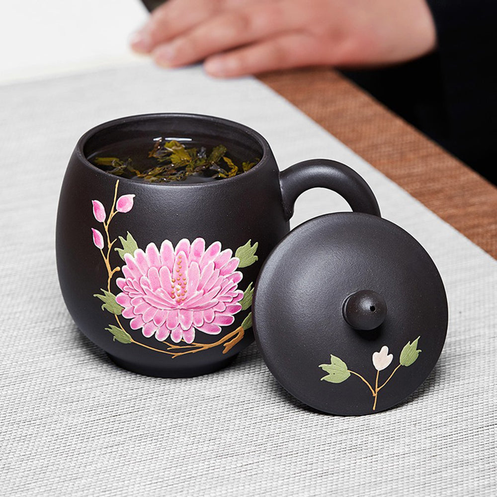 Purple Clay Teacup Color Changing Peony Lidded Cup