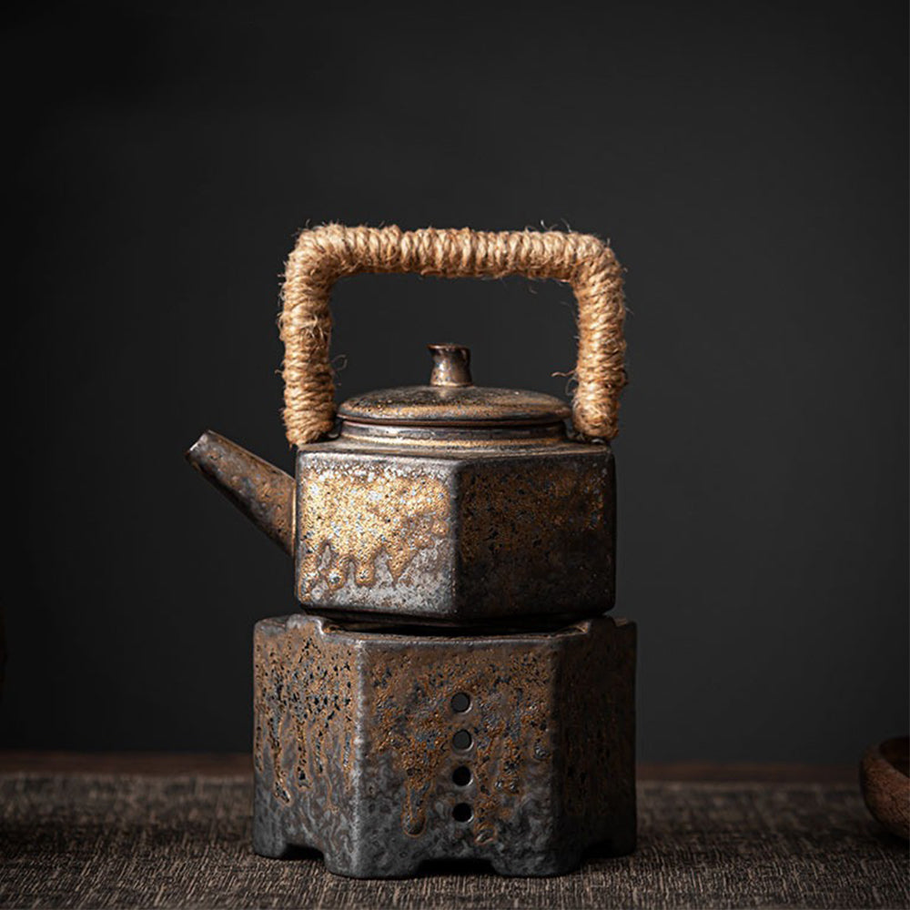 Teapot with Candle Warmer Hexagon Coarse Pottery 200ml Set