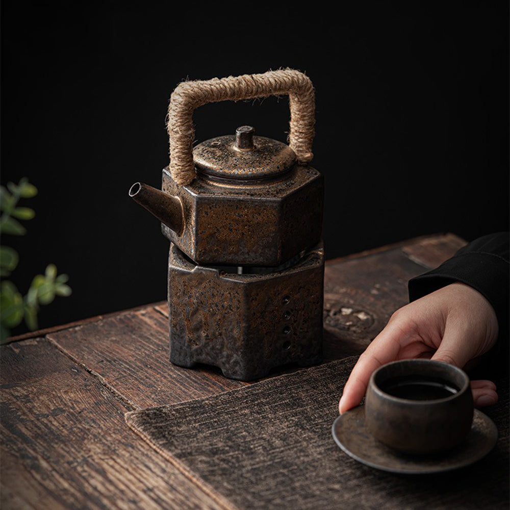 Teapot with Candle Warmer Hexagon Coarse Pottery 200ml Set