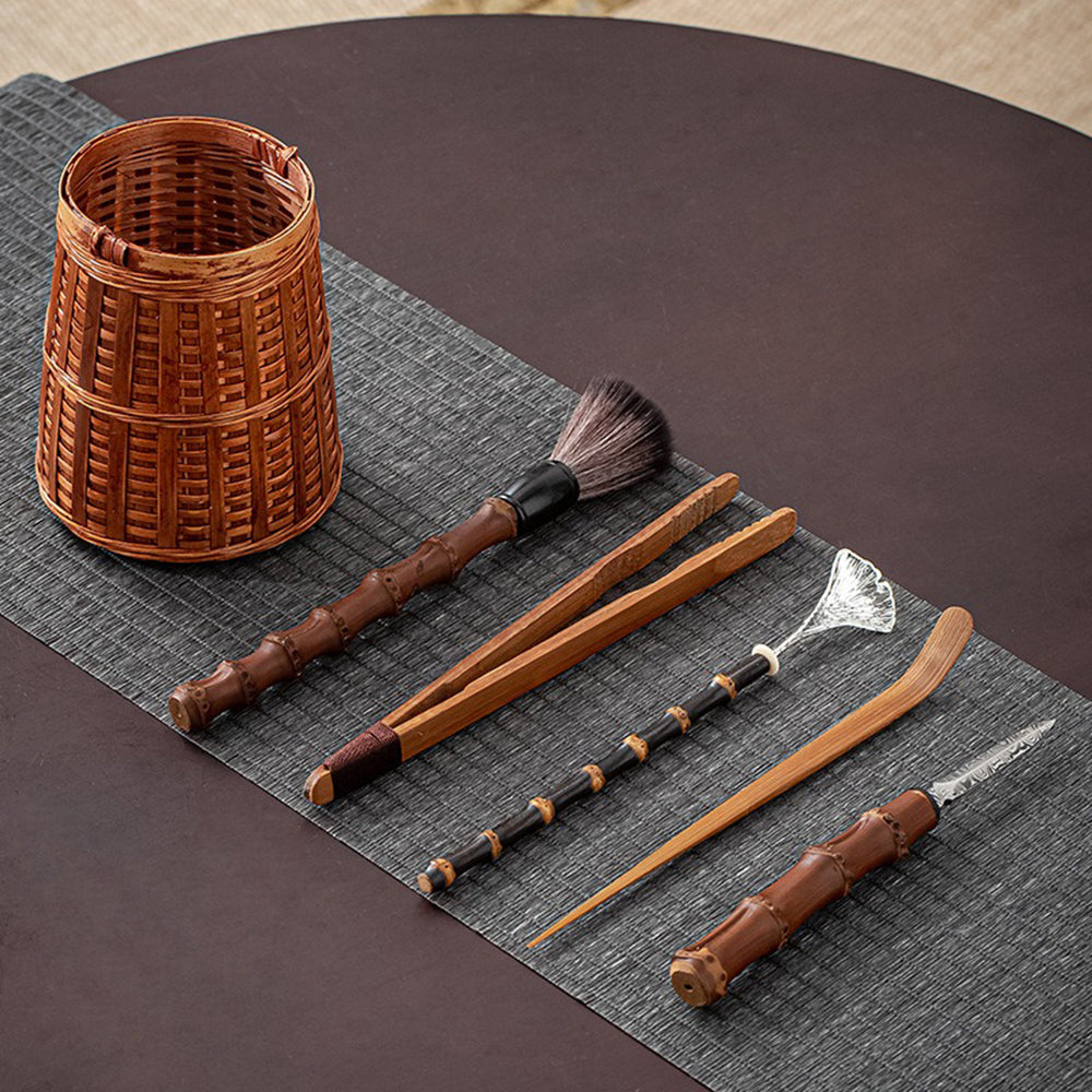 Bamboo Tea Utensil Set 6-Piece With Woven Holder Cha Dao
