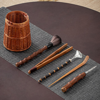 Bamboo Tea Utensil Set 6-Piece With Woven Holder Cha Dao
