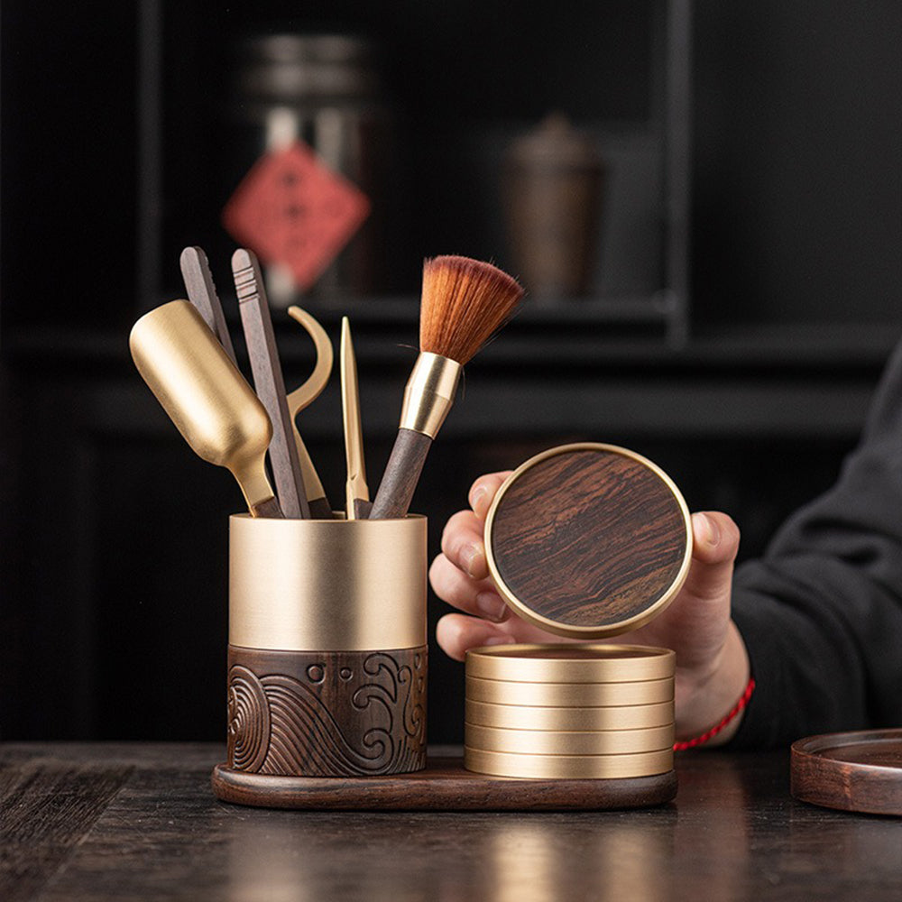Tea Utensils Set – Ebony & Copper Kung Fu Tea Tools with 6 Coasters