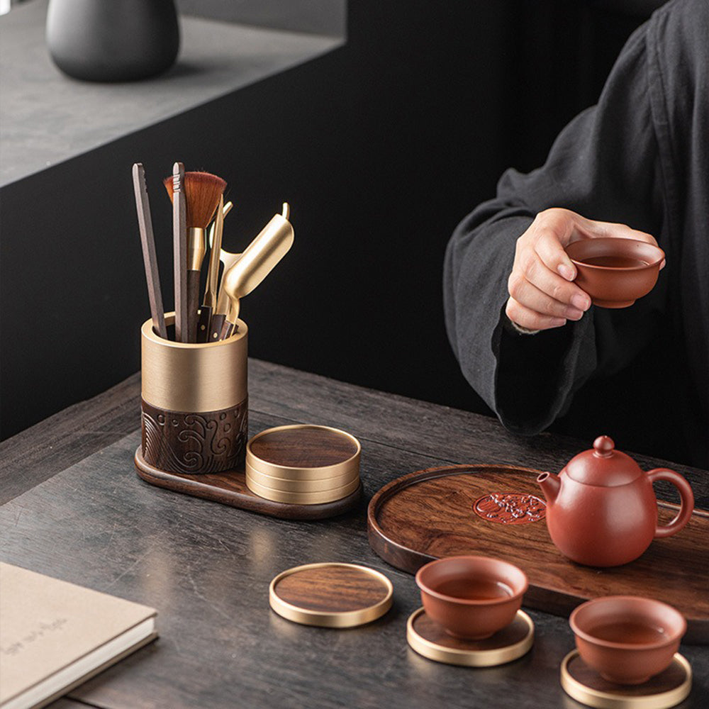 Tea Utensils Set – Ebony & Copper Kung Fu Tea Tools with 6 Coasters