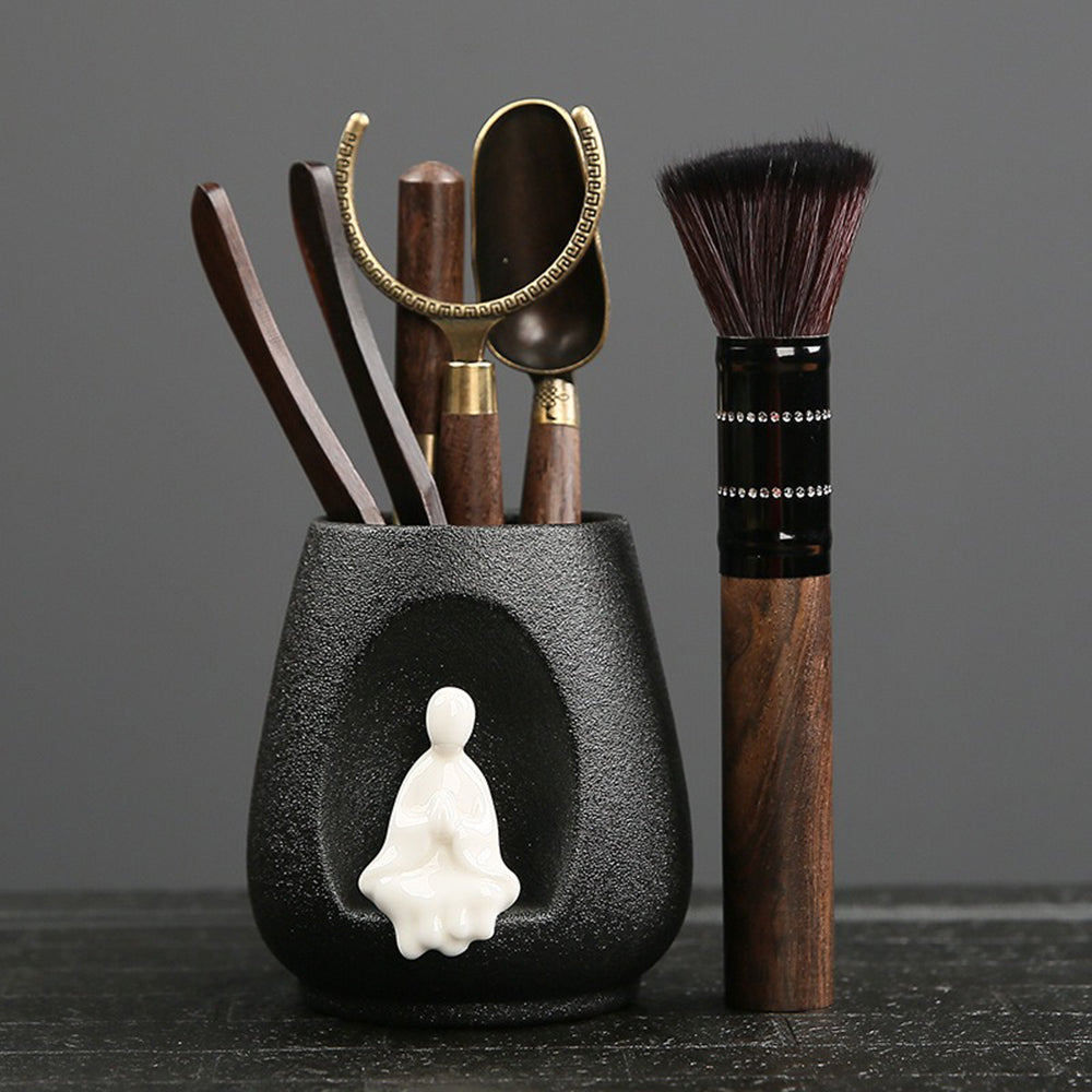 Tea Utensil Set 6-Piece Ebony Gongfu Tools Black Pottery Holder