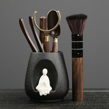 Tea Utensil Set 6-Piece Ebony Gongfu Tools Black Pottery Holder