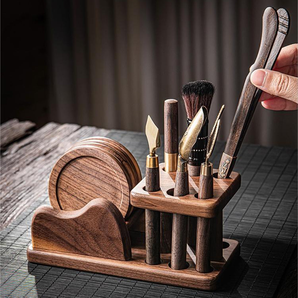 Tea Utensils Set Walnut Wood | 6-Tool Kit & Coasters