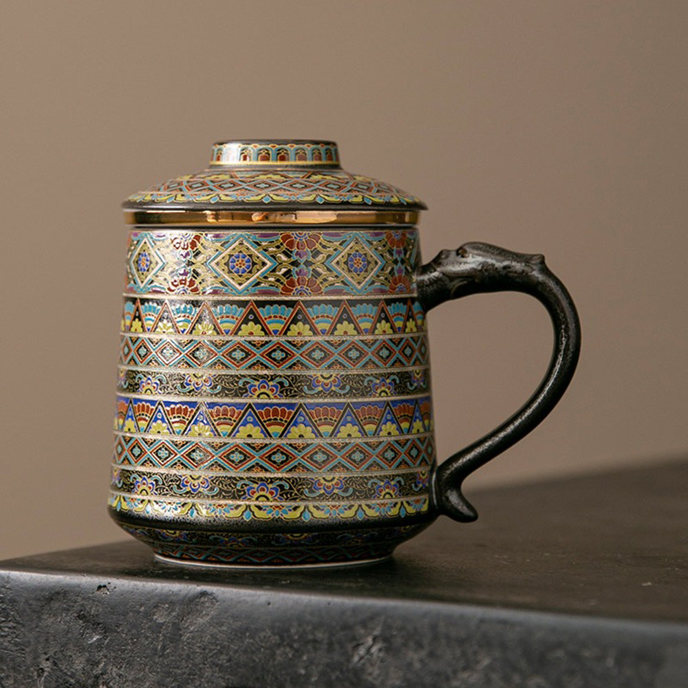 Ceramic Tea Cup with Infuser – Dunhuang Dragon Handle Gold Silver Inlay 400ml