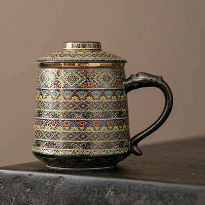 Ceramic Tea Cup with Infuser – Dunhuang Dragon Handle Gold Silver Inlay 400ml