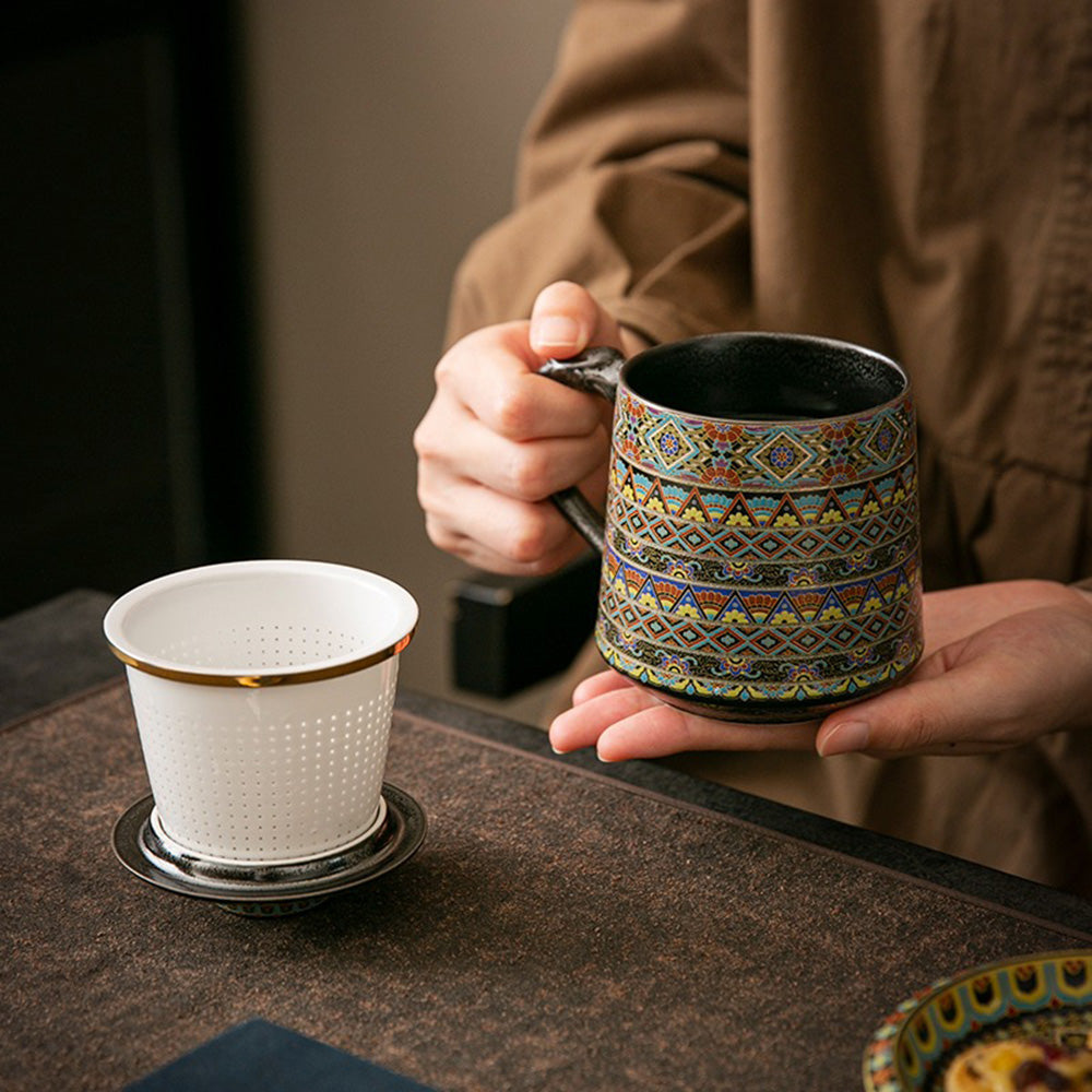 Ceramic Tea Cup with Infuser – Dunhuang Dragon Handle Gold Silver Inlay 400ml