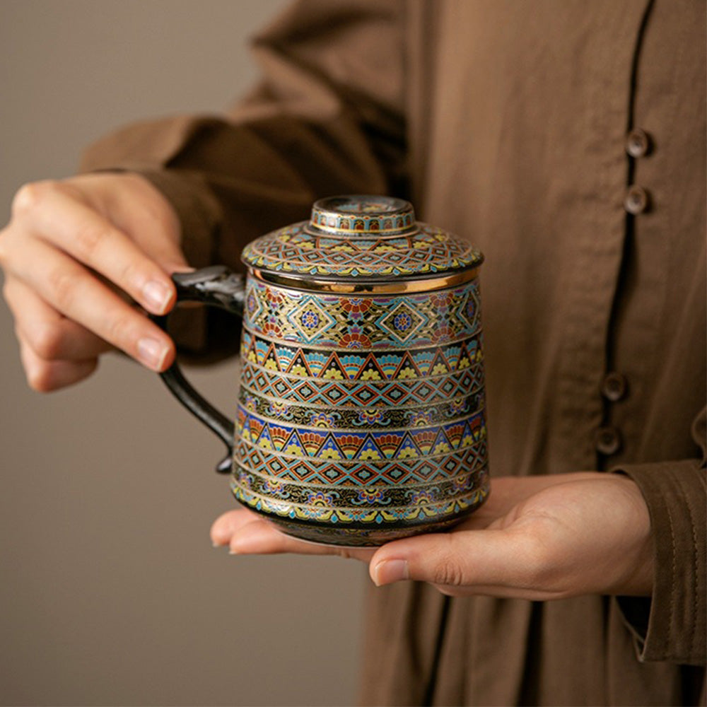 Ceramic Tea Cup with Infuser – Dunhuang Dragon Handle Gold Silver Inlay 400ml