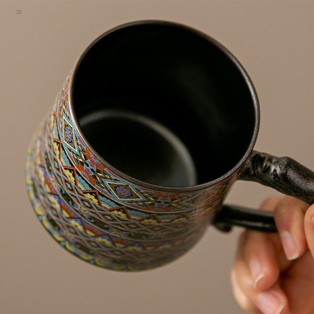 Ceramic Tea Cup with Infuser – Dunhuang Dragon Handle Gold Silver Inlay 400ml