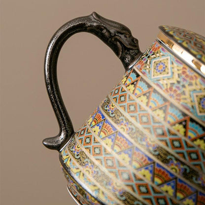 Ceramic Tea Cup with Infuser – Dunhuang Dragon Handle Gold Silver Inlay 400ml