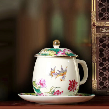 Porcelain Tea Cup with Lid & Saucer – Lotus Fish 350ml