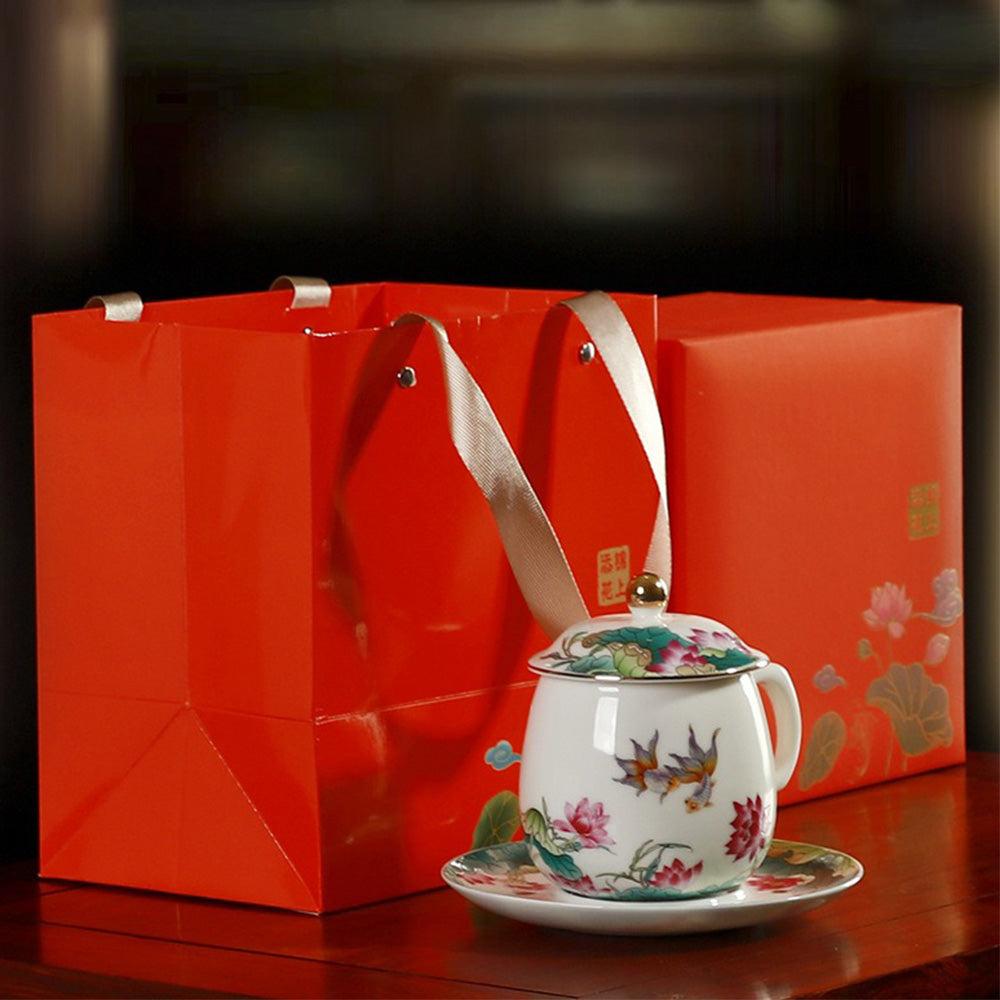 Porcelain Tea Cup with Lid & Saucer – Lotus Fish 350ml