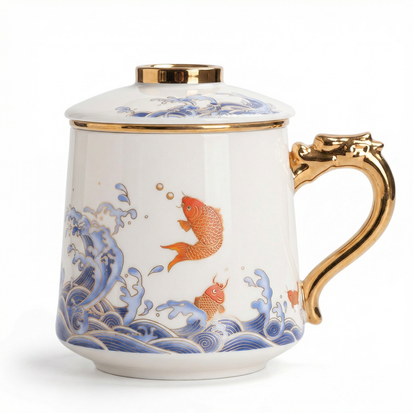 Porcelain Tea Cup Koi Fish Gold Handle – 450ml Lid & Infuser