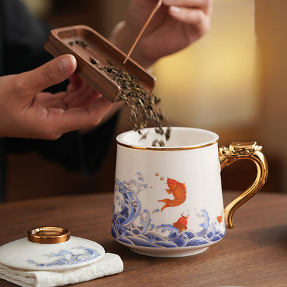 Porcelain Tea Cup Koi Fish Gold Handle – 450ml Lid & Infuser