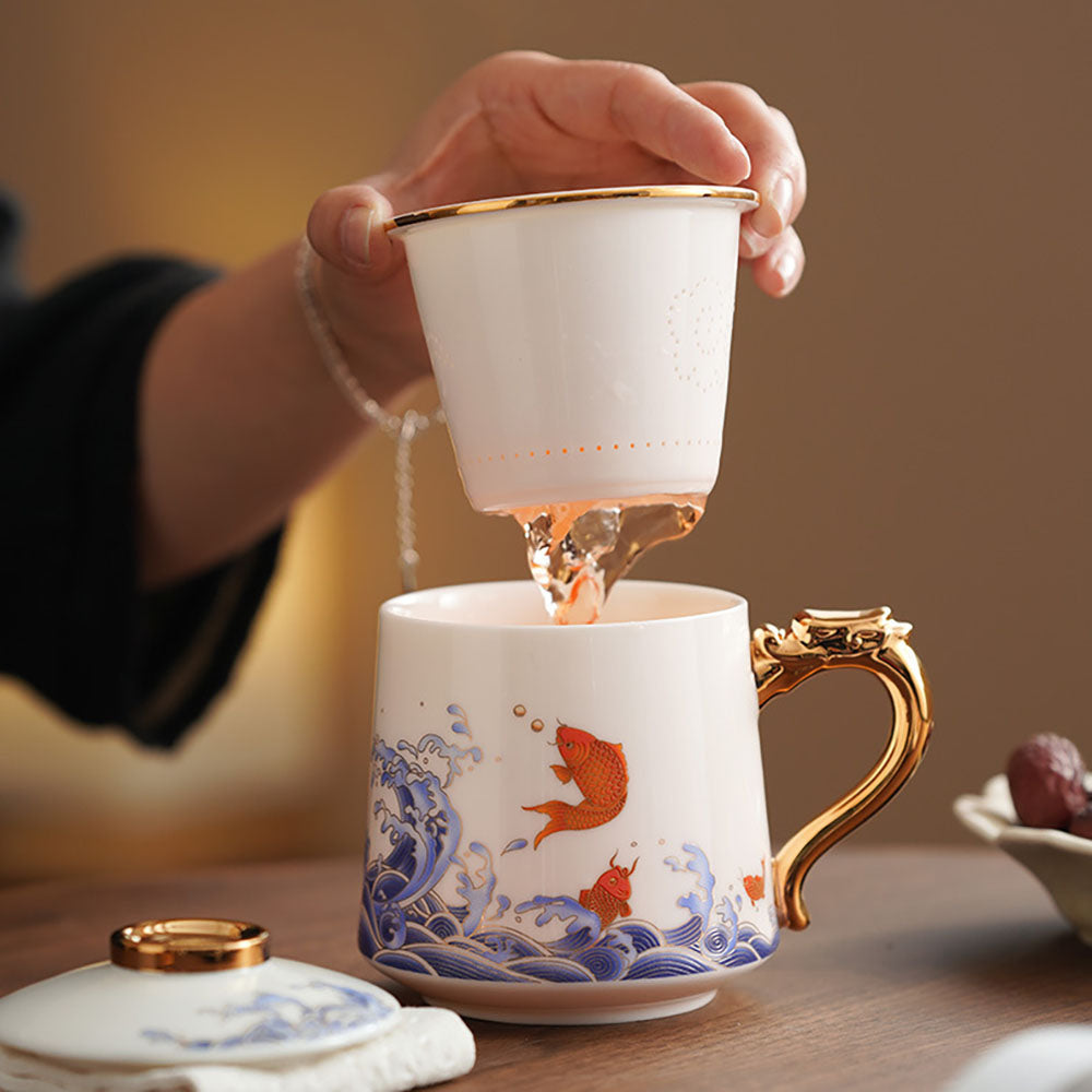 Porcelain Tea Cup Koi Fish Gold Handle – 450ml Lid & Infuser
