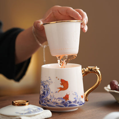 Porcelain Tea Cup Koi Fish Gold Handle – 450ml Lid & Infuser