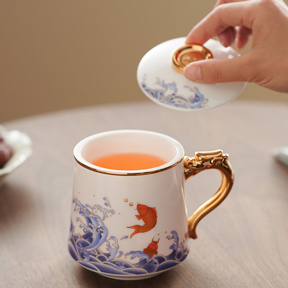 Porcelain Tea Cup Koi Fish Gold Handle – 450ml Lid & Infuser