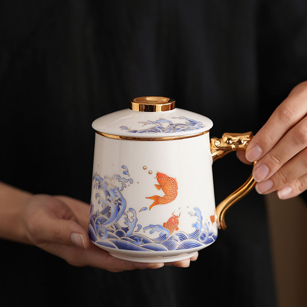 Porcelain Tea Cup Koi Fish Gold Handle – 450ml Lid & Infuser