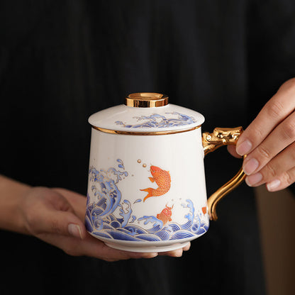 Porcelain Tea Cup Koi Fish Gold Handle – 450ml Lid & Infuser
