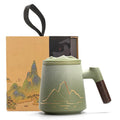 Ceramic Tea Cup Mountain Relief Lid Strainer Wood Handle 400ml