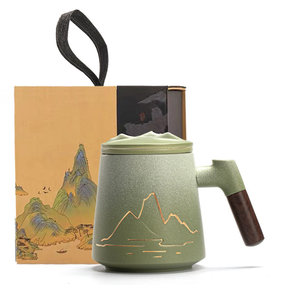 Ceramic Tea Cup Mountain Relief Lid Strainer Wood Handle 400ml