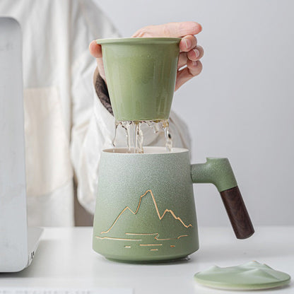 Ceramic Tea Cup Mountain Relief Lid Strainer Wood Handle 400ml