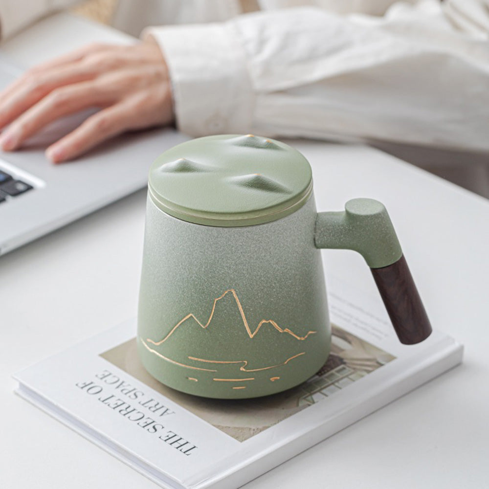 Ceramic Tea Cup Mountain Relief Lid Strainer Wood Handle 400ml