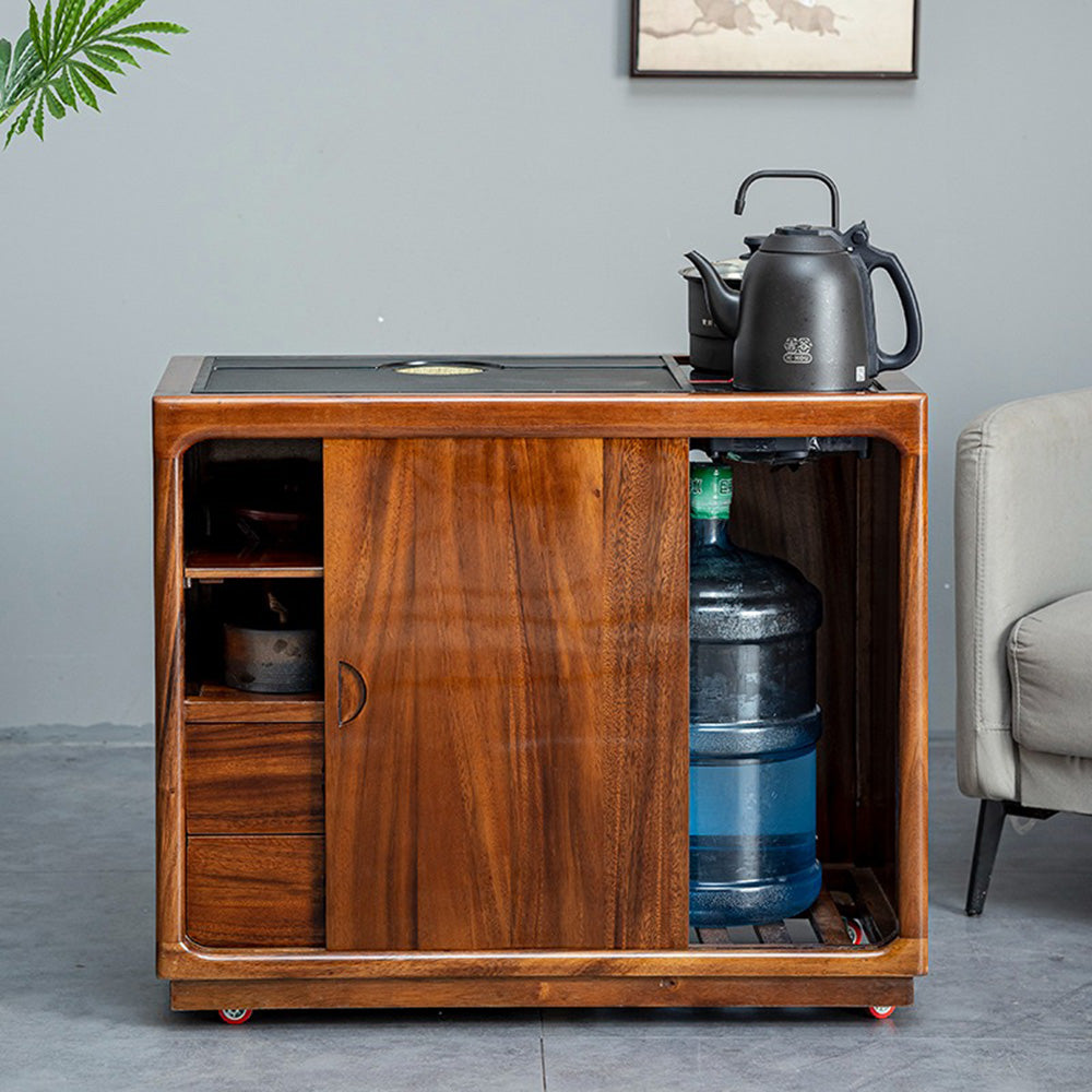 Walnut Tea Table with Black Stone Tray Drawer & Sliding Door