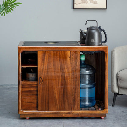 Walnut Tea Table with Black Stone Tray Drawer & Sliding Door