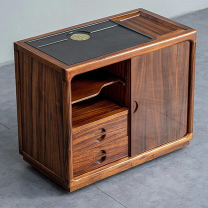 Walnut Tea Table with Black Stone Tray Drawer & Sliding Door