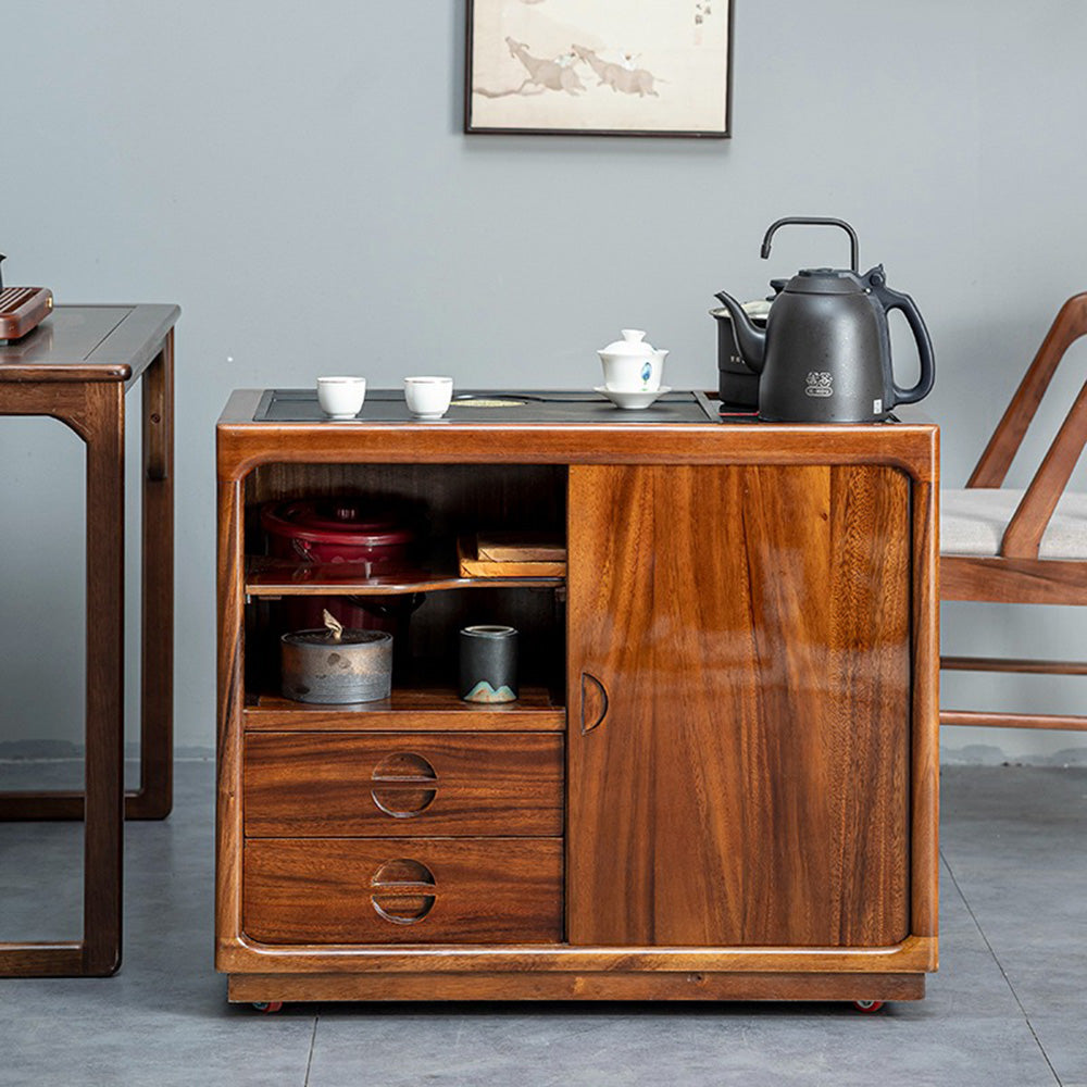 Walnut Tea Table with Black Stone Tray Drawer & Sliding Door