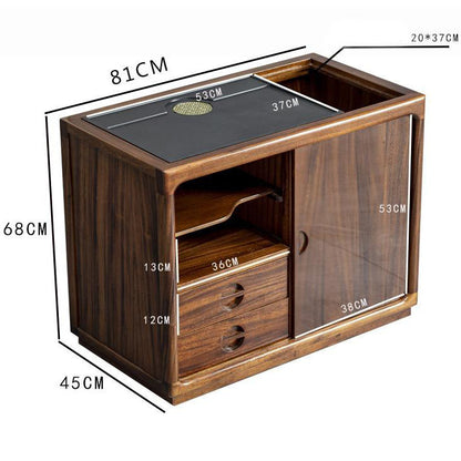 Walnut Tea Table with Black Stone Tray Drawer & Sliding Door