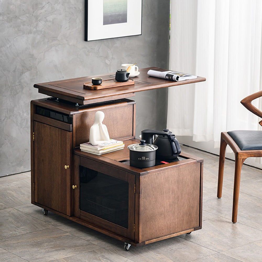 Tea Table Walnut Wood Movable 360° Rotate with Storage