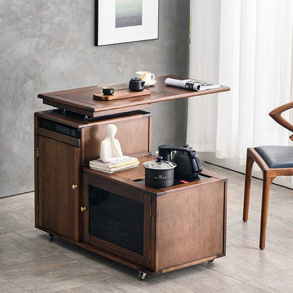 Tea Table Walnut Wood Movable 360° Rotate with Storage