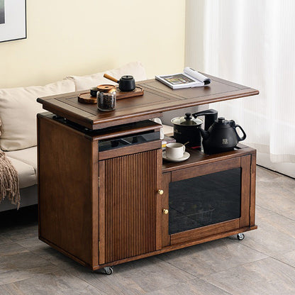 Tea Table Walnut Wood Movable 360° Rotate with Storage