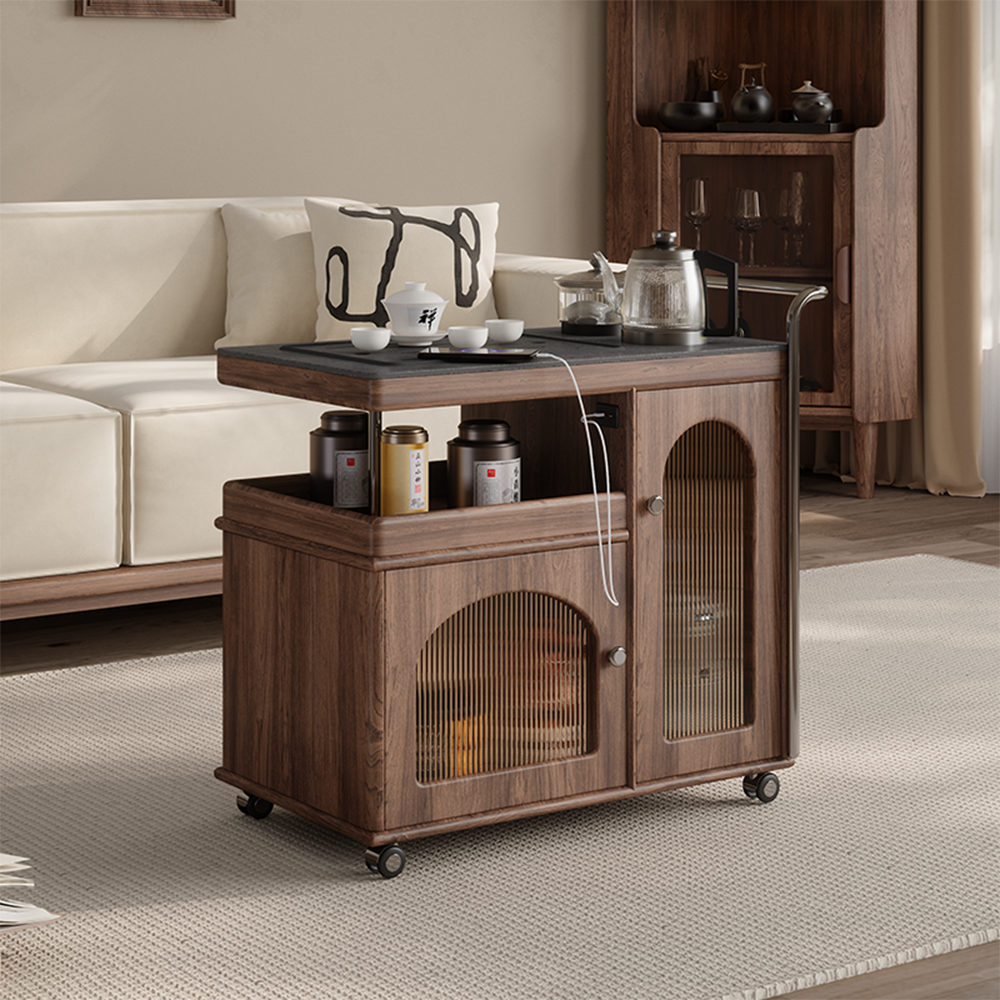 Rolling Tea Table Solid Wood & Black Stone Serving Cart