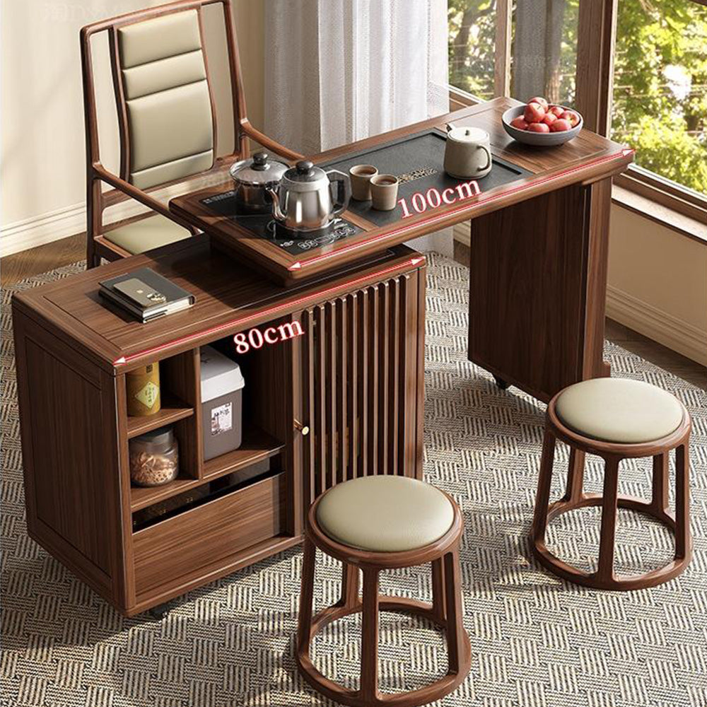 Walnut Tea Table 3-Mode Extendable Rotating with Induction Cooker