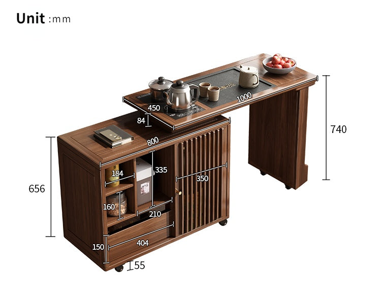 Walnut Tea Table 3-Mode Extendable Rotating with Induction Cooker