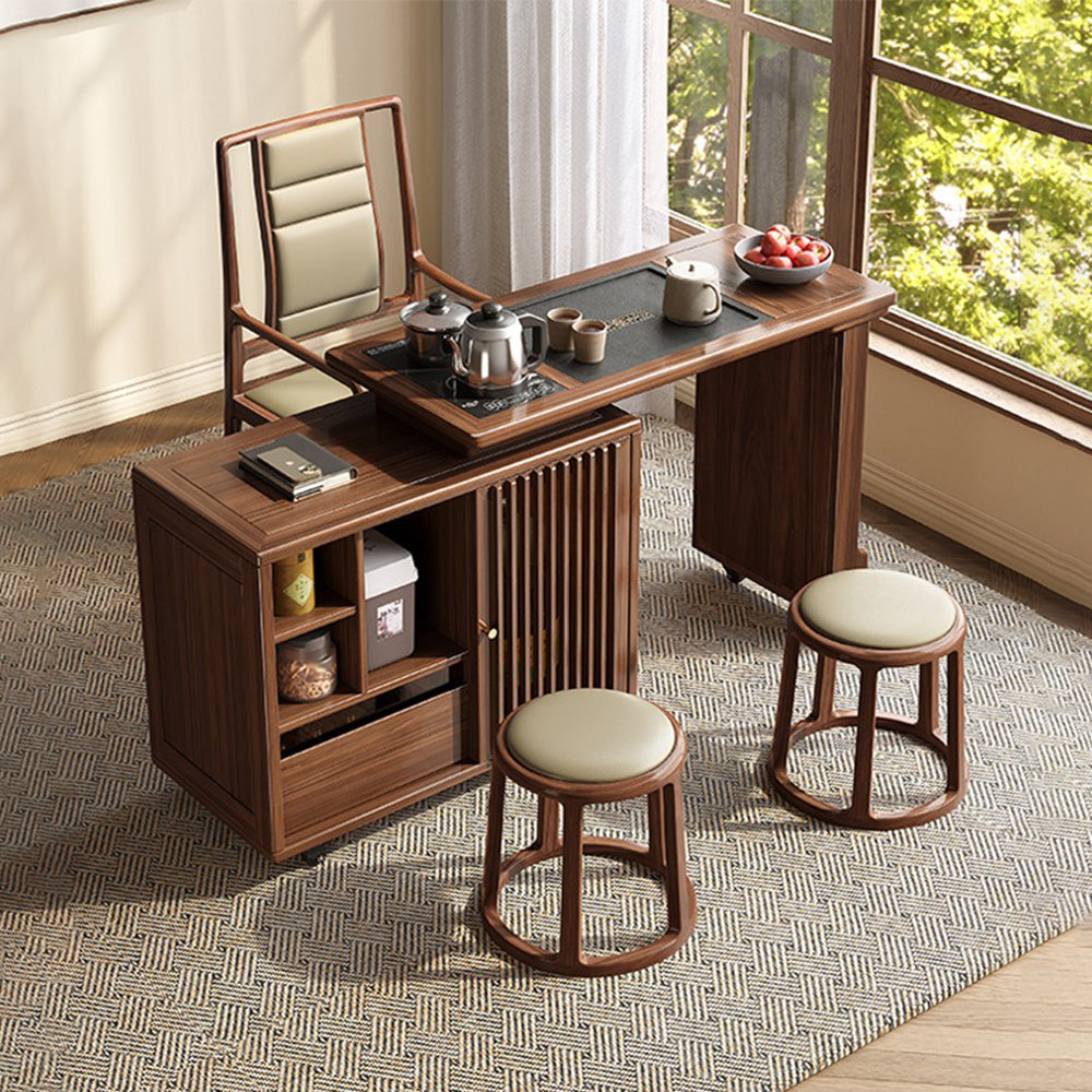 Walnut Tea Table 3-Mode Extendable Rotating with Induction Cooker