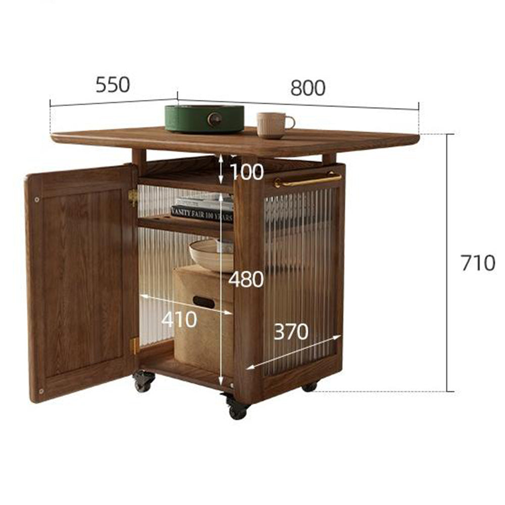 Movable Tea Table Ash Wood with Storage & Glass Door