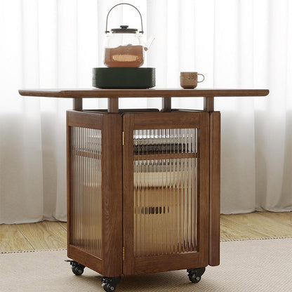 Movable Tea Table Ash Wood with Storage & Glass Door