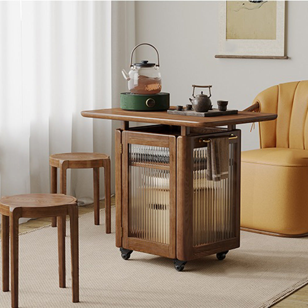 Movable Tea Table Ash Wood with Storage & Glass Door