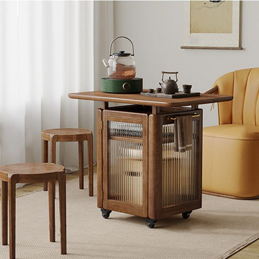 Movable Tea Table Ash Wood with Storage & Glass Door