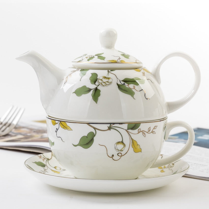 Bone China Tea for One Floral Leaf 450ml Teapot Cup Set