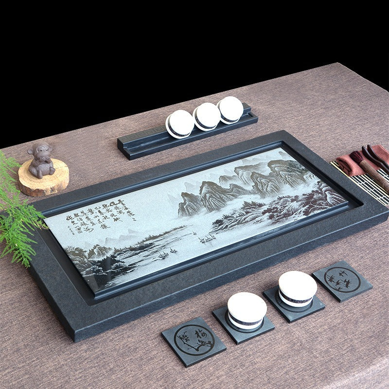 Stone Tea Tray | Carved Landscape Black Gongfu Chachuan