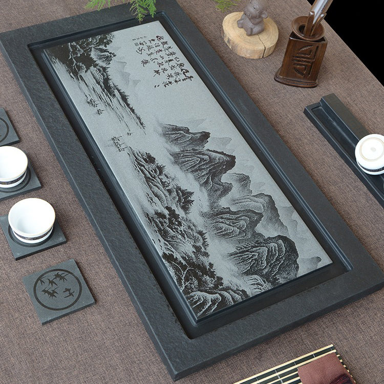 Stone Tea Tray | Carved Landscape Black Gongfu Chachuan