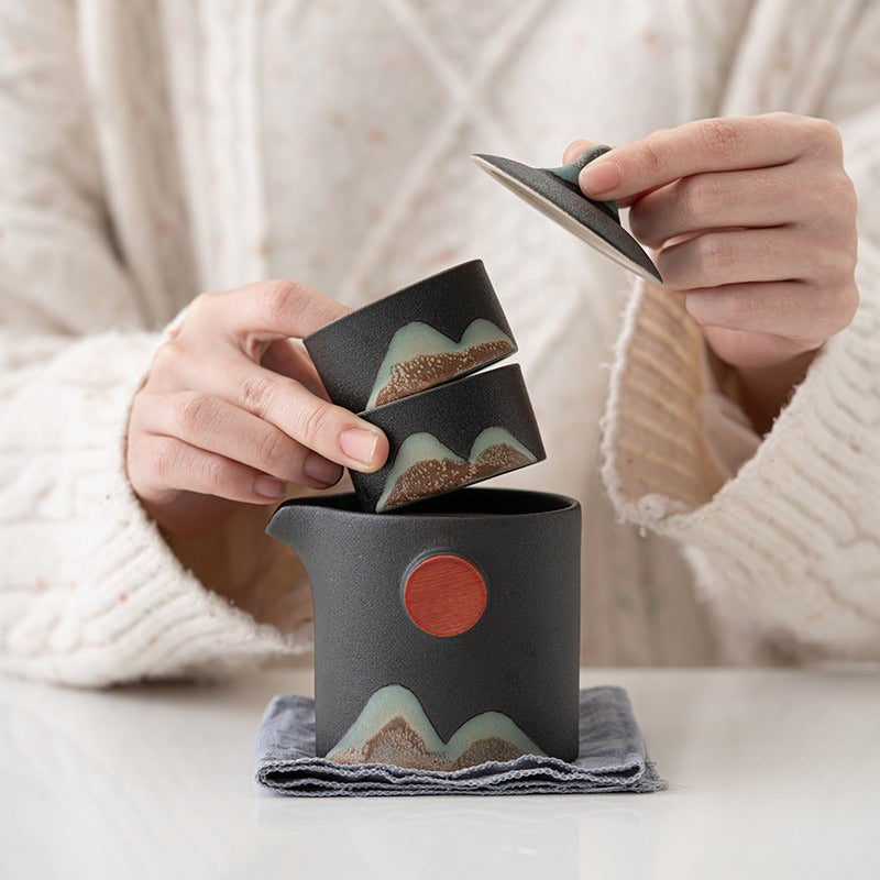 Travel Tea Set Japanese Mountain Sun Coarse Pottery 230ml & Bag